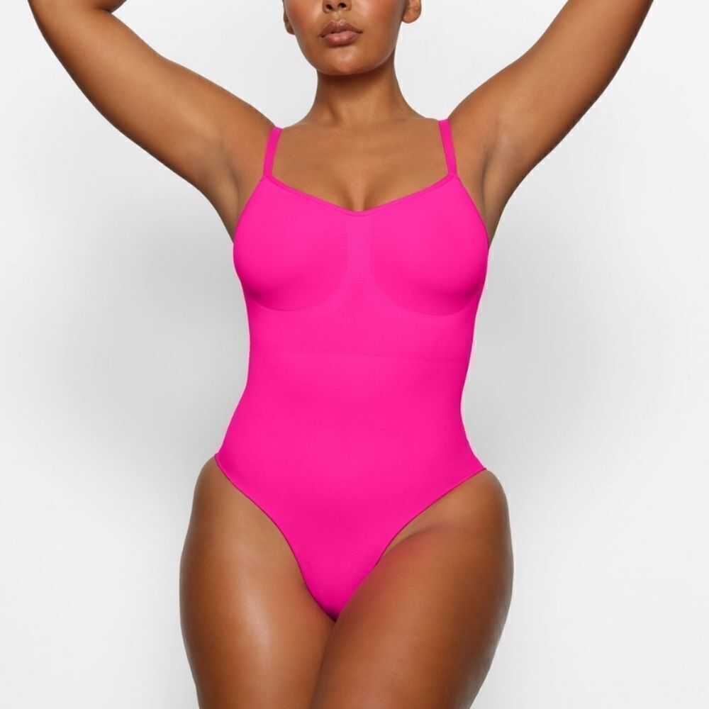 SKIMS Seamless Sculpt Shaping Bodysuit Brief In Neon Flamingo Hot Pink Shapewear